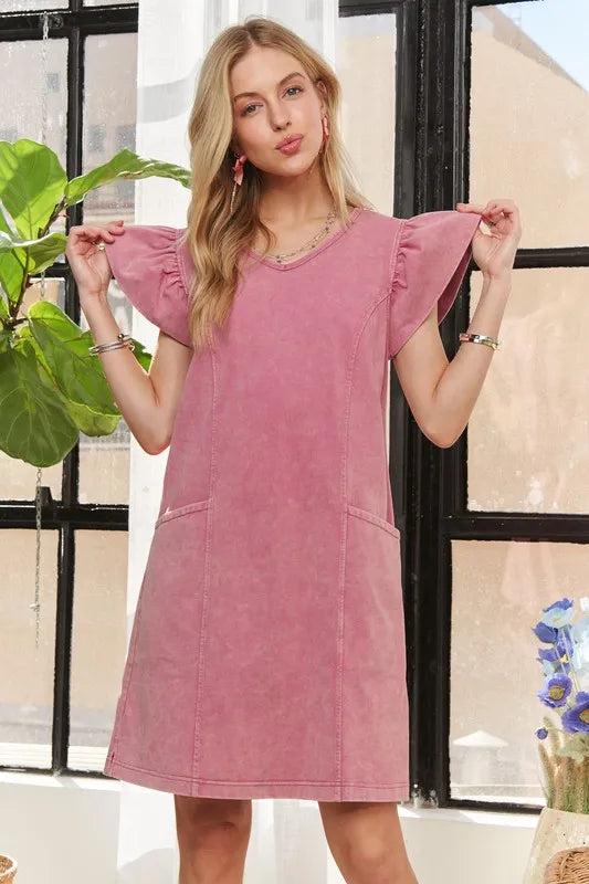 Dusty rose mineral washed v-neck dress with ruffled cap sleeves