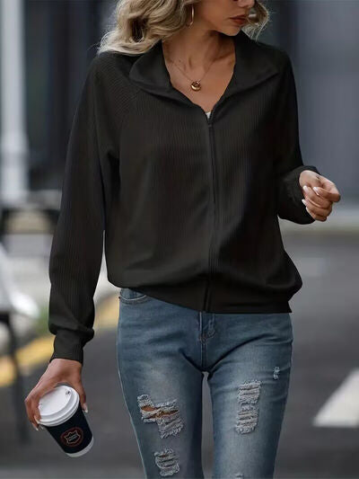 Women's White Zip-Up Collared Jacket with Raglan Sleeves