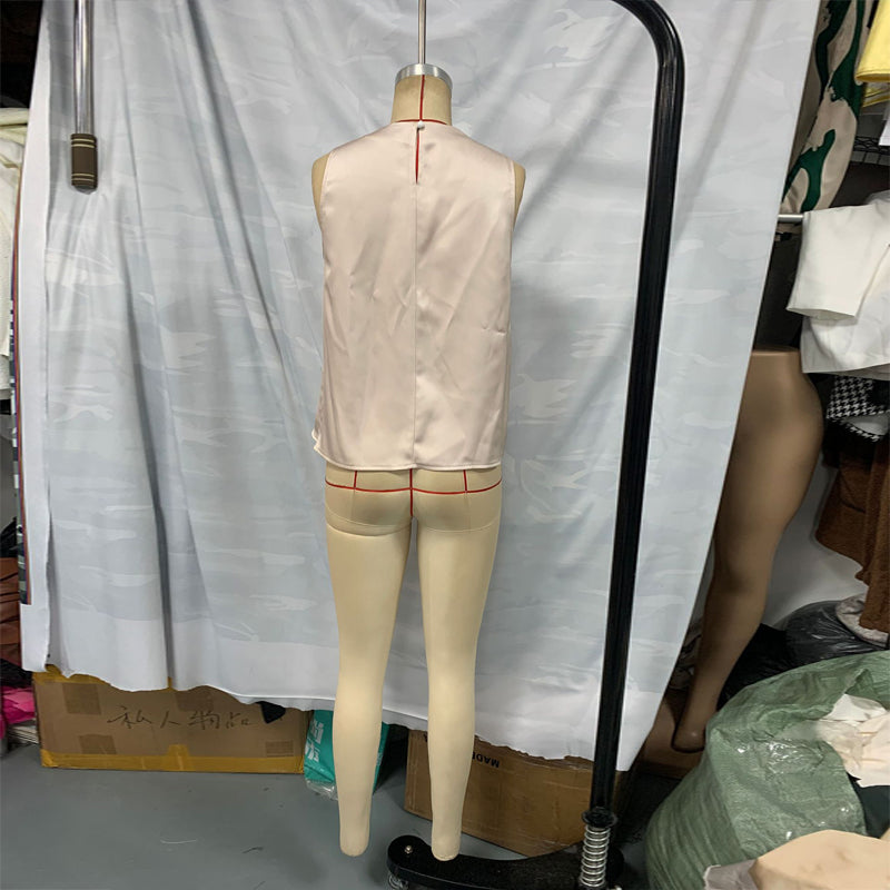 Women's Elegant Sleeveless Mock Neck Satin Drape Blouse - Image 4