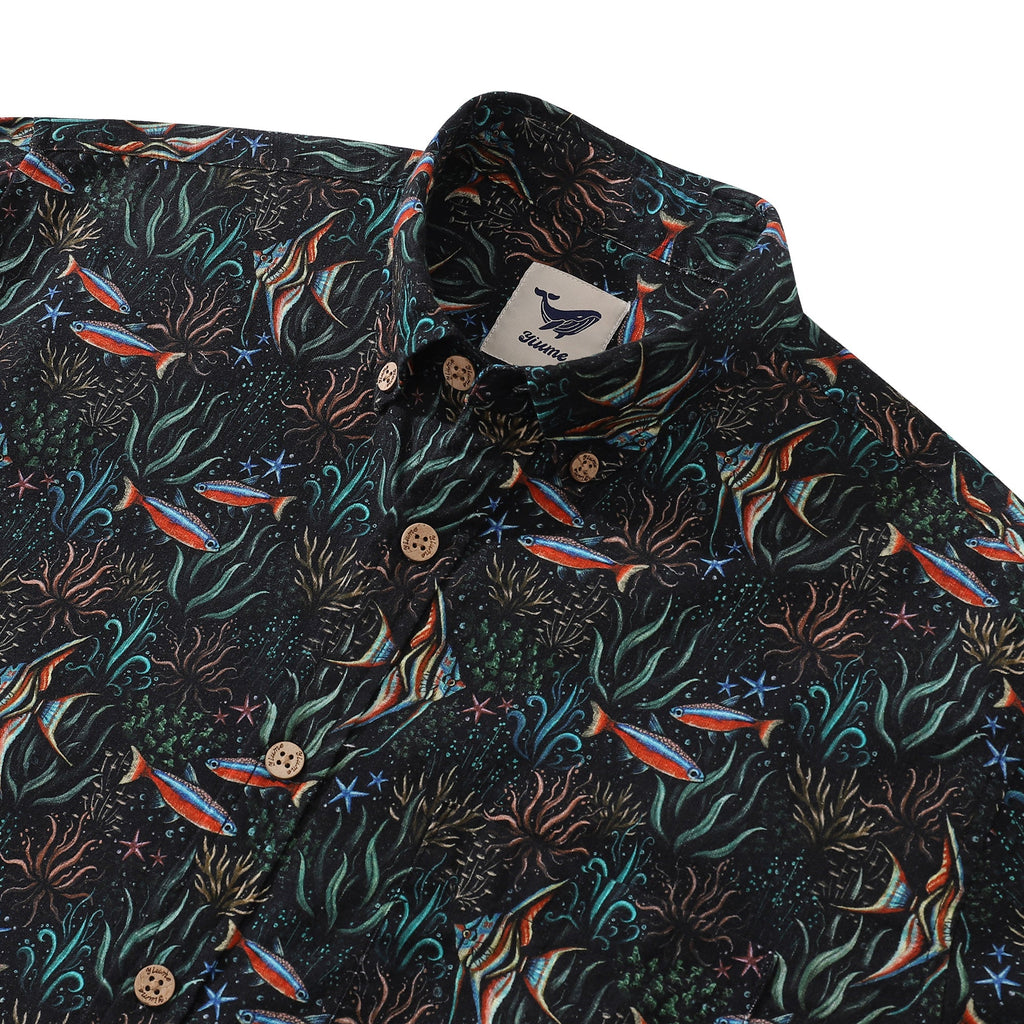 Underwater Blues Print Long Sleeve Cotton Hawaiian Aloha Shirt
