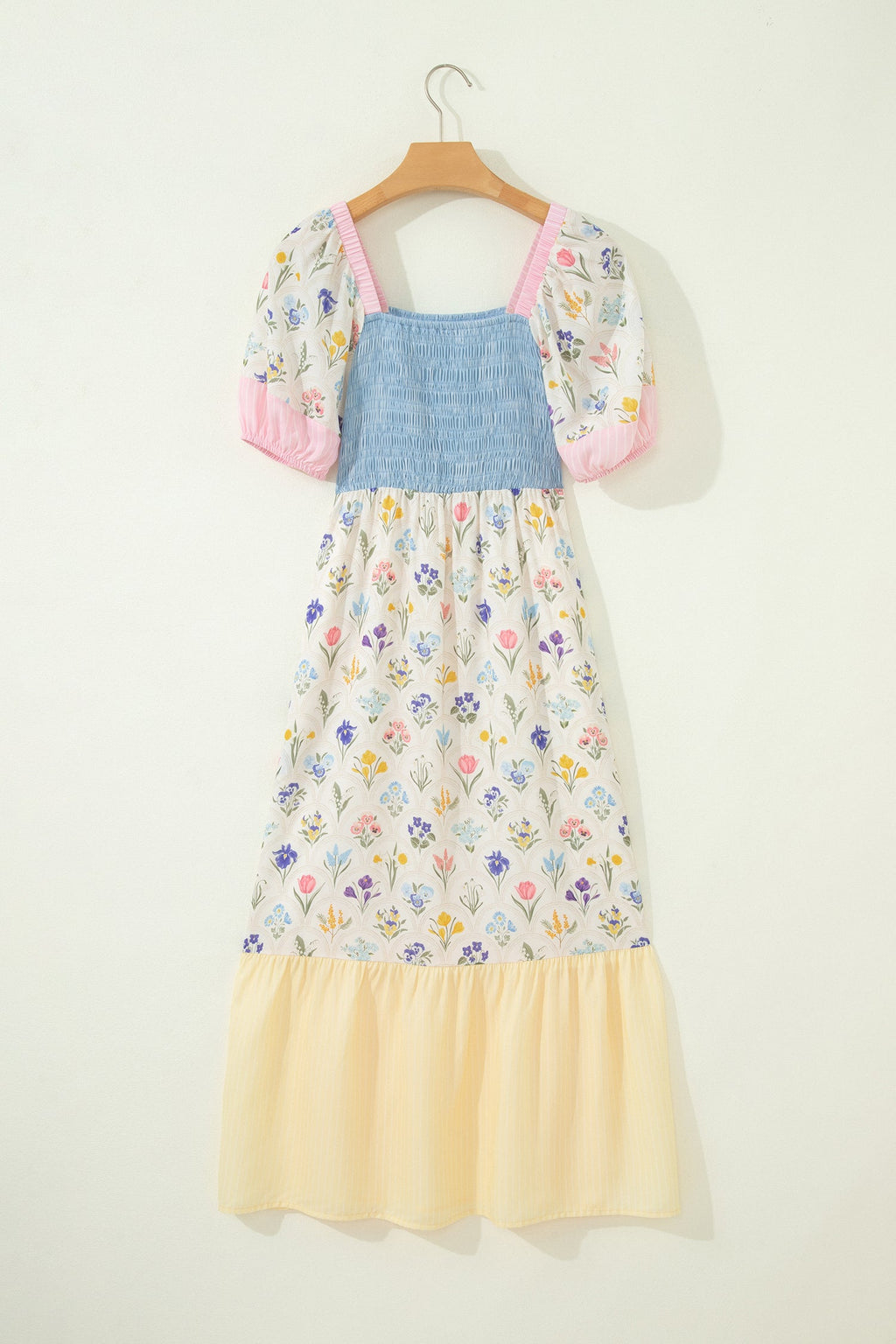 Floral Stripe Colorblock Square Neck Shirred Dress
