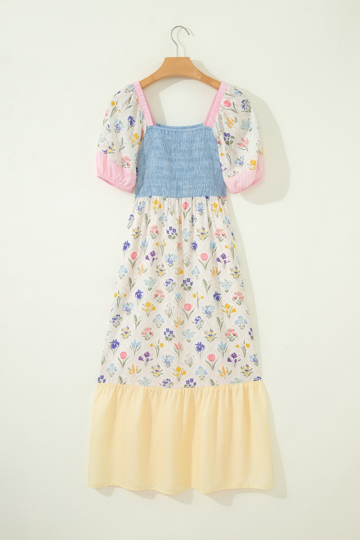 Floral Stripe Colorblock Square Neck Shirred Dress