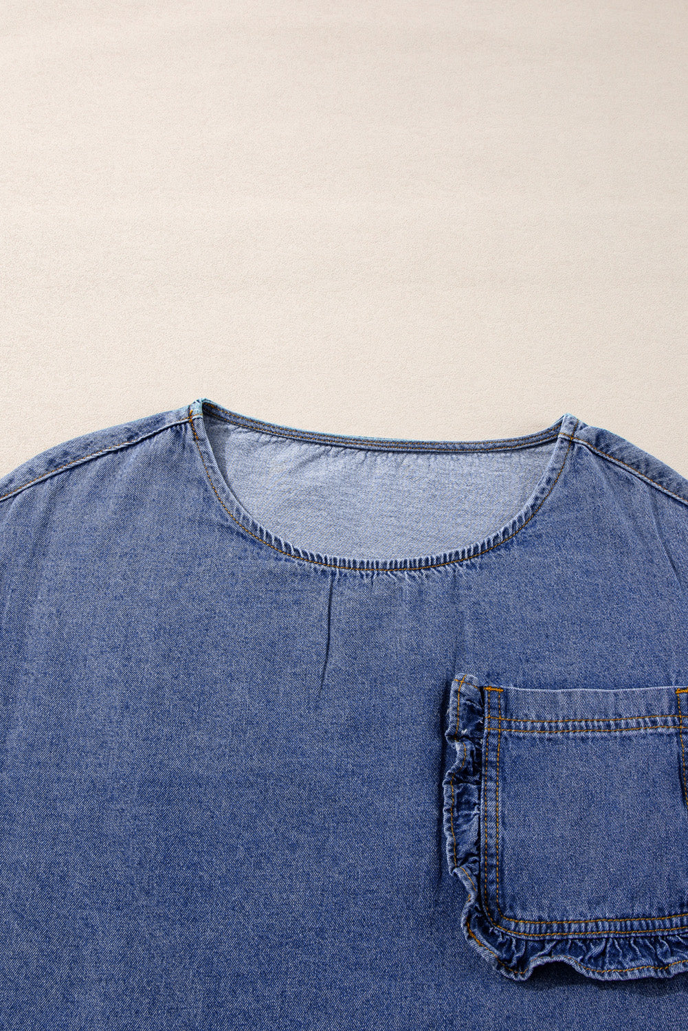 Denim 3/4 Sleeve Ruffle Patch Pocket Blouse