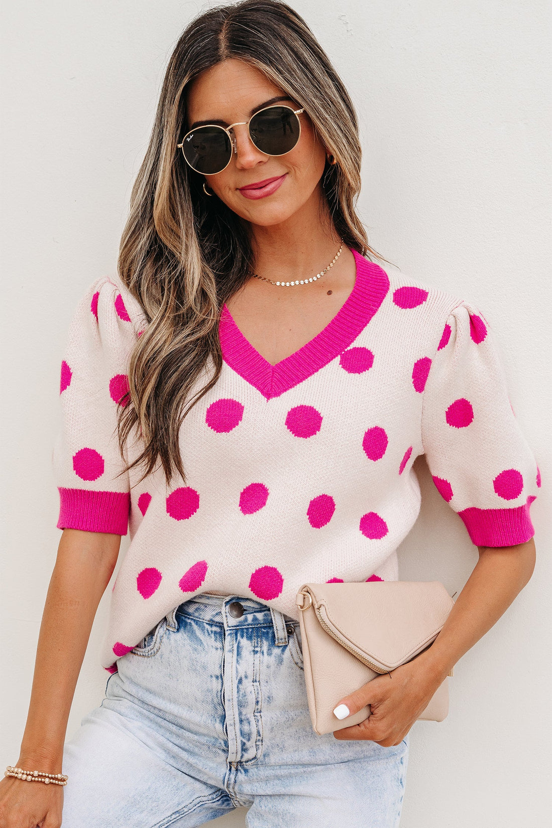Alexia Puff Short Sleeve Sweater - Polka Dot V-Neck Knit Top
