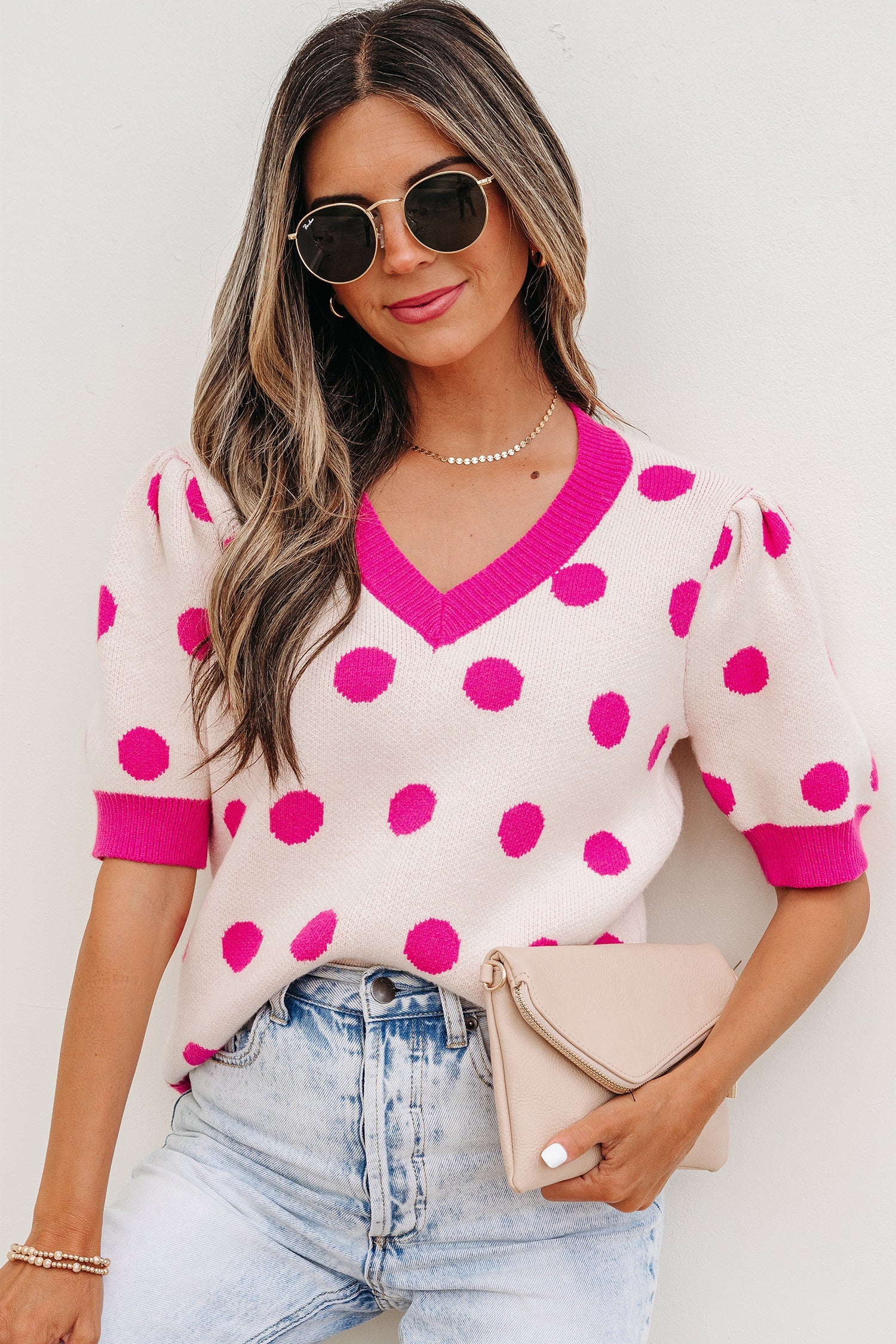 Alexia Puff Short Sleeve Sweater - Polka Dot V-Neck Knit Top