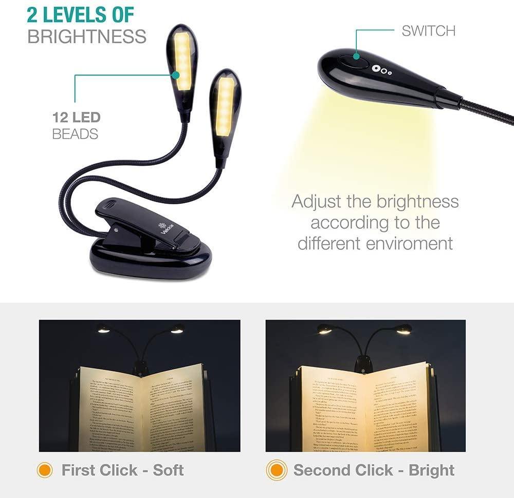 Dual-Gooseneck LED Reading Lamp with Wide-Beam Clip Design
