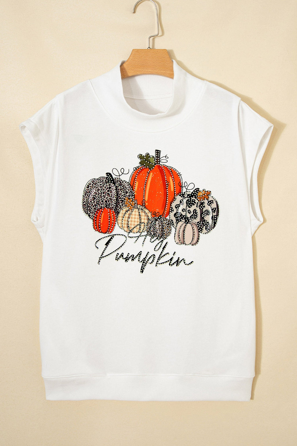 White Rhinestone Embellished Pumpkin Graphic High Neck Cap Sleeve Top