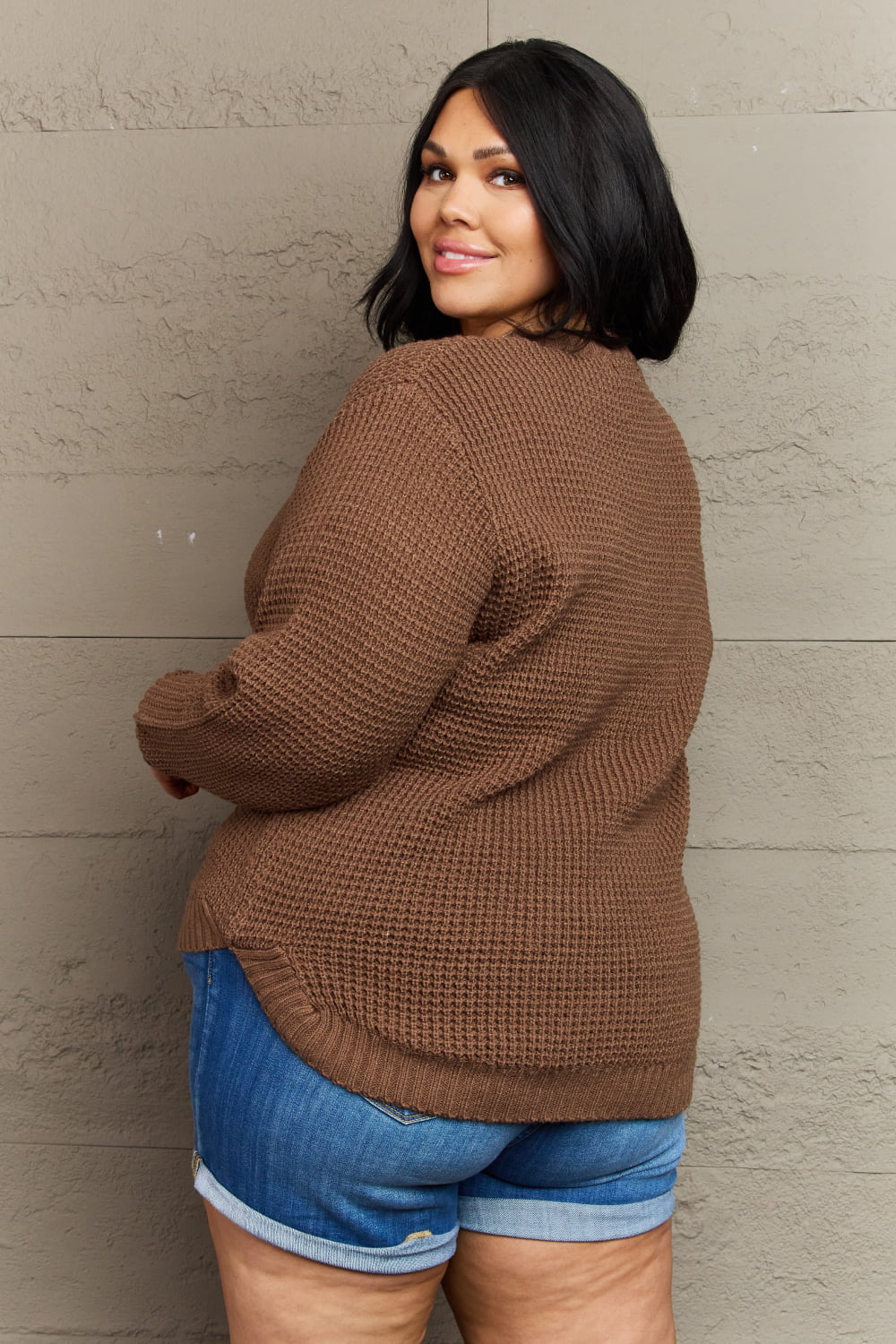 Zenana Brown Waffle Knit Sweater | Oversized High-Low