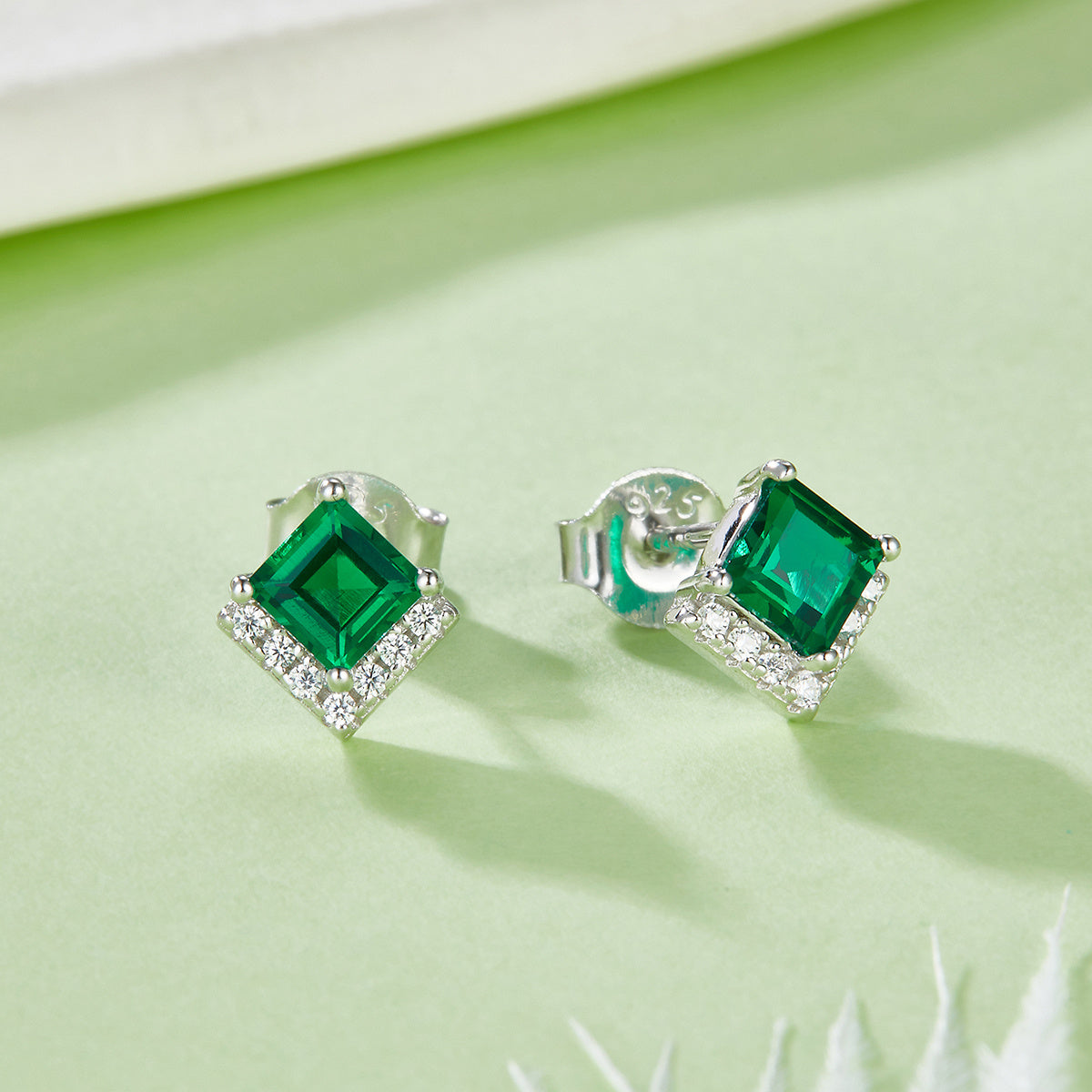 S925 Silver Platinum Plated Lab-Created Emerald Earrings, 0.3&2.5ct Princess Cut Studs, Pair