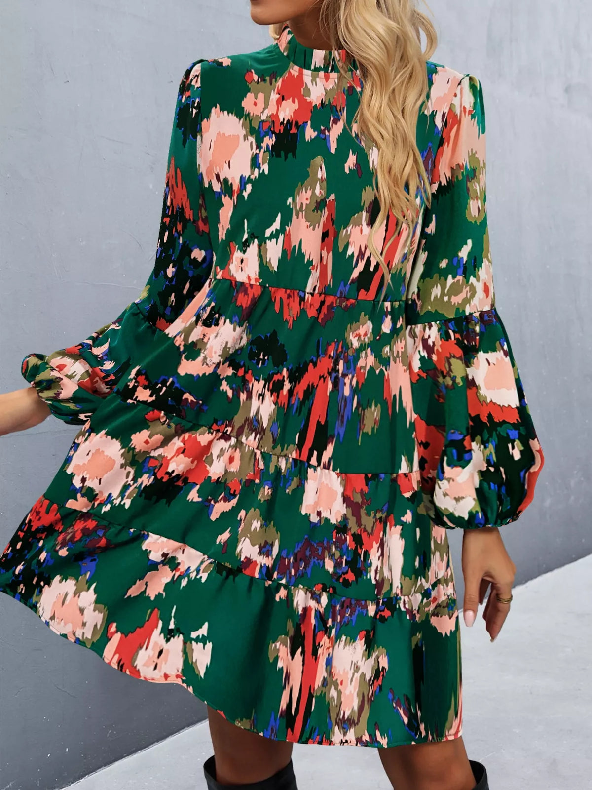 Printed Balloon Sleeve Mini Dress