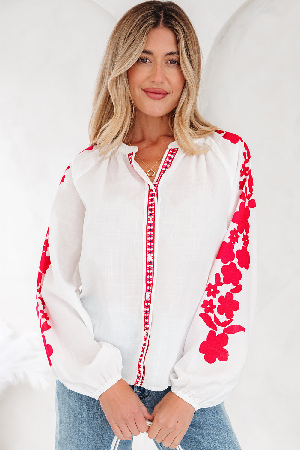 White Floral Embroidered Puff Long Sleeve Casual Shirt
