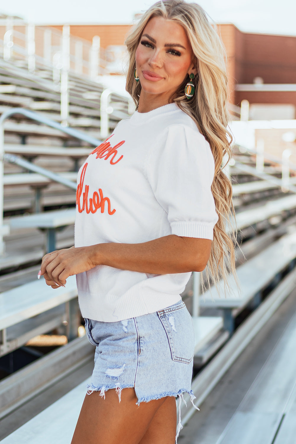 White Touchdown Tinsel Puff Sleeve Crewneck Sweater Football