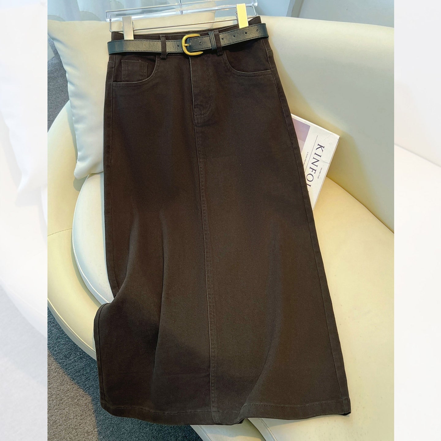 Brown A-Line Straight Skirt Retro Slit Hip Skirt