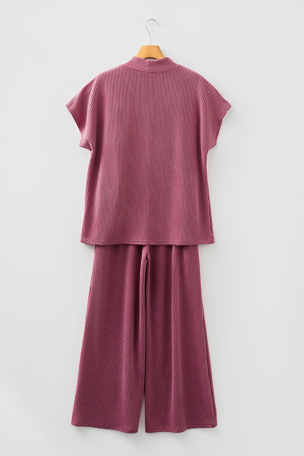 Dark Grey Twisted Ribbed High Neck Tee & Wide Leg Pant Set