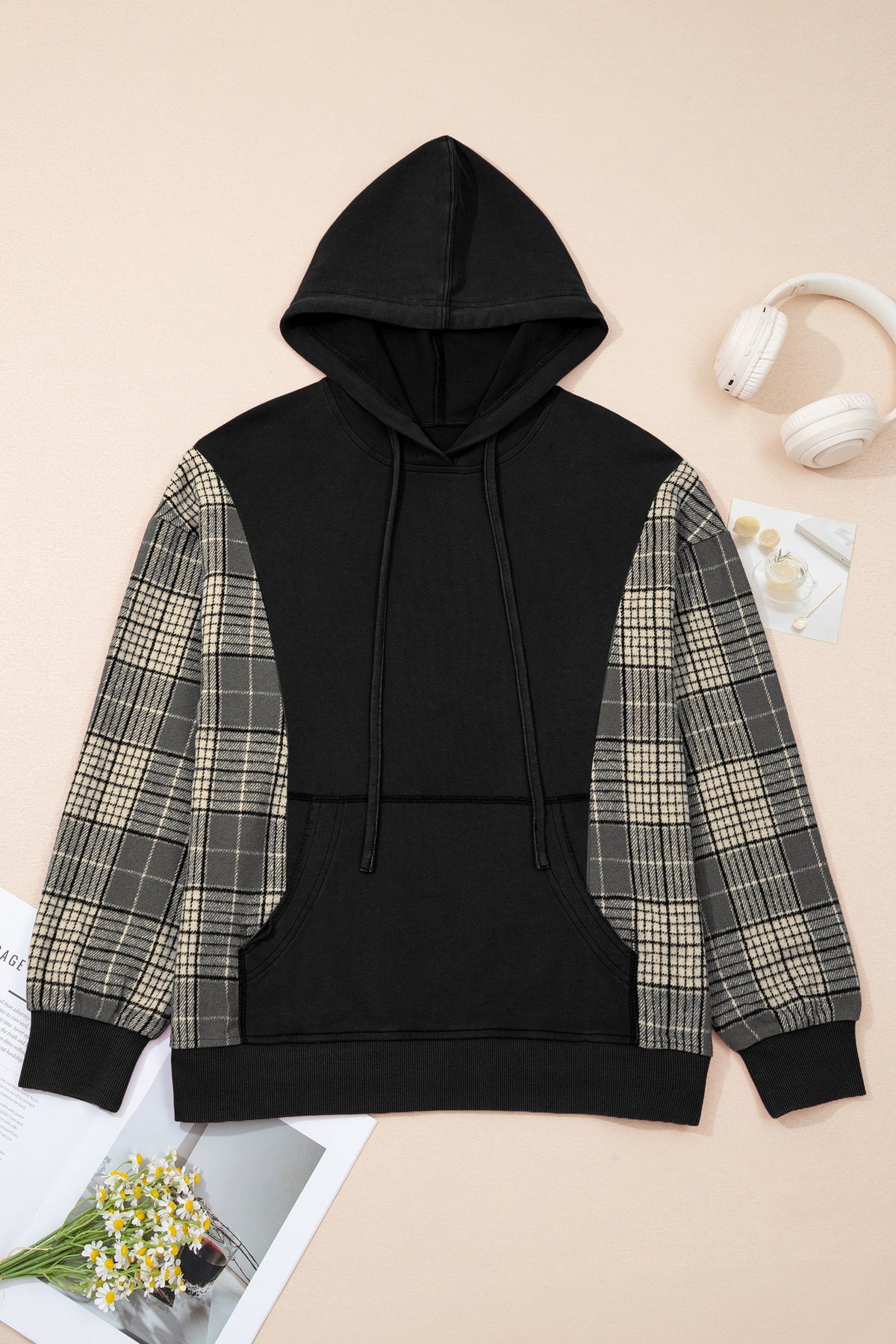 Plaid Patchwork Pocketed Drawstring Hoodie