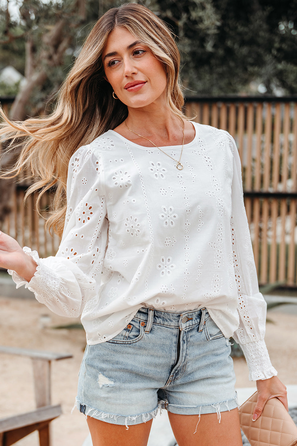 White Solid Eyelet Embroidered Long Sleeve Smocked Blouse - Image 4