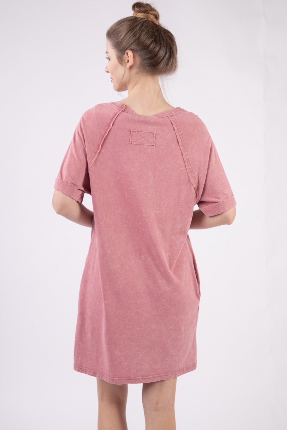 Washed Round Neck Mini Tee Dress with Pockets
