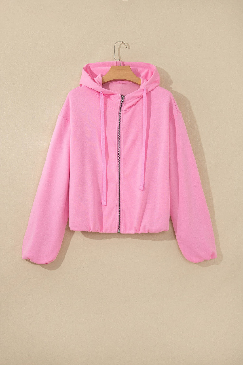 Solid Long Sleeve Zip-Up Drawstring Hoodie