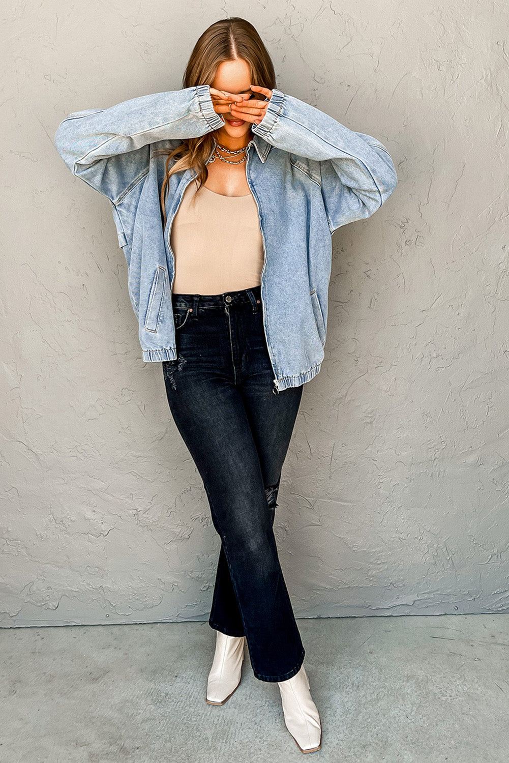 112 Myosotis Elastic Hem Denim Jacket - Light Blue