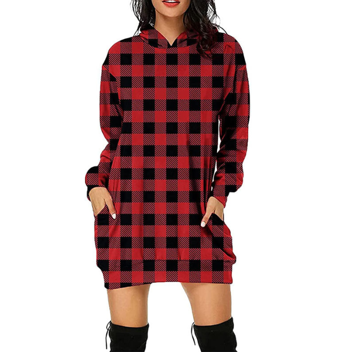 Women's Hooded Long Sleeve Plaid Sweatshirt
