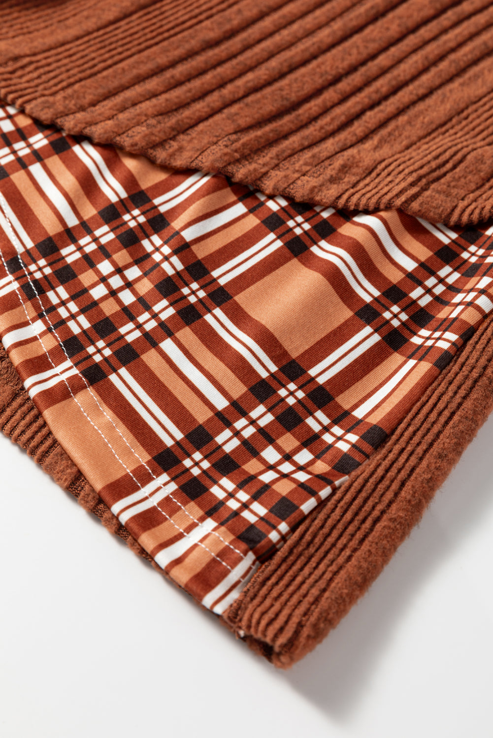 Plaid Patchwork Ribbed Knit Drawstring Hooded Top
