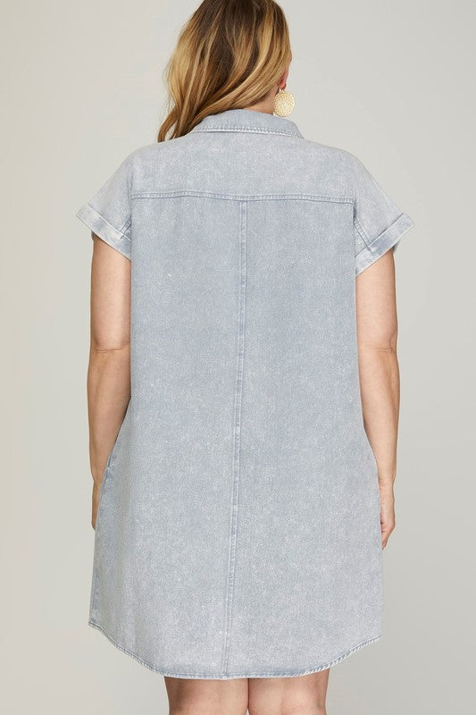 Blue Grey Button-Down Shirt Dress with Rolled Cuffs