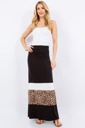 Women's leopard print and color-block maxi dress in black, white, and brown