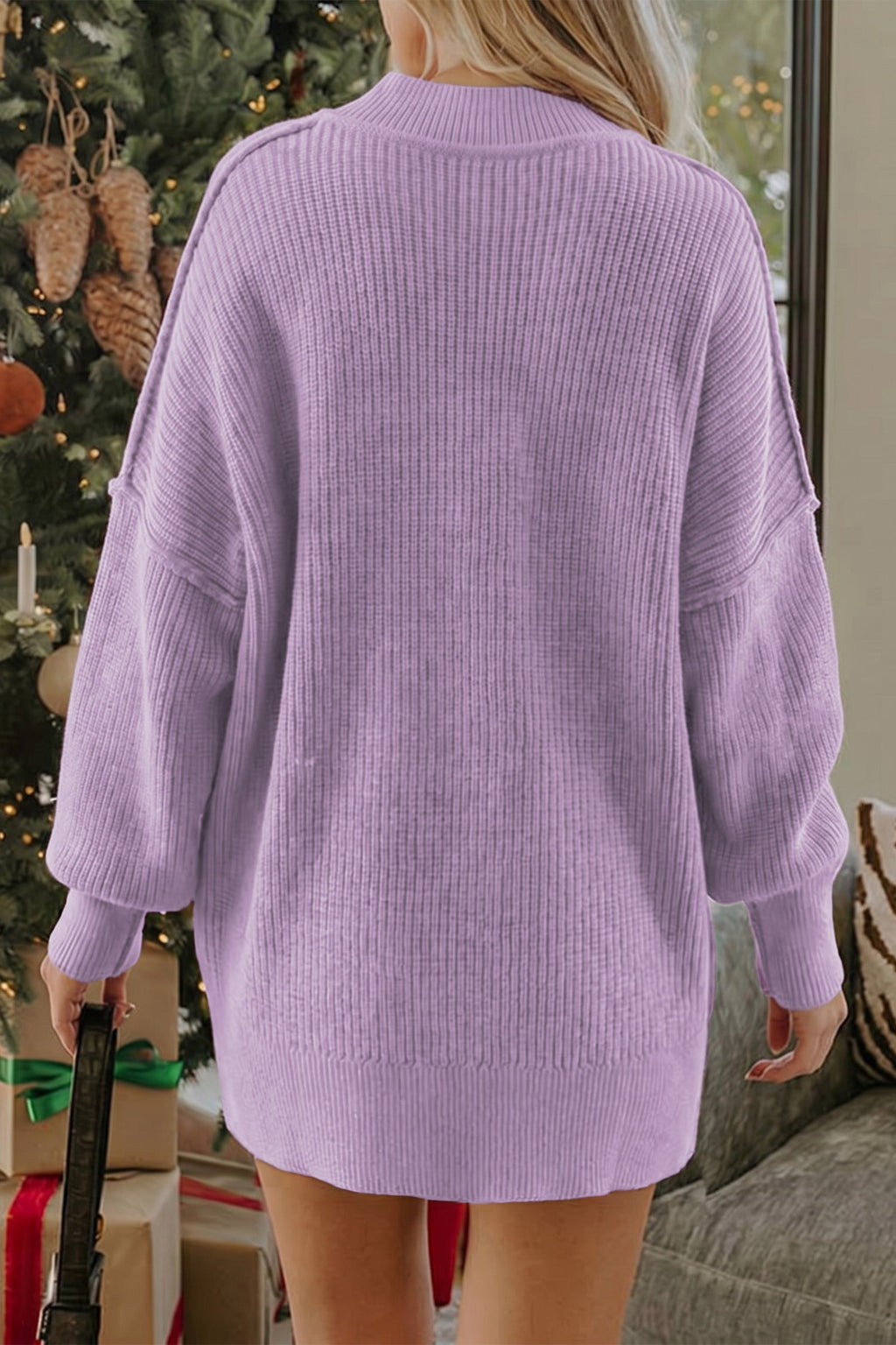 Chestnut Long Sleeve Ribbed Knit Stand Neck Regular Fit Sweater