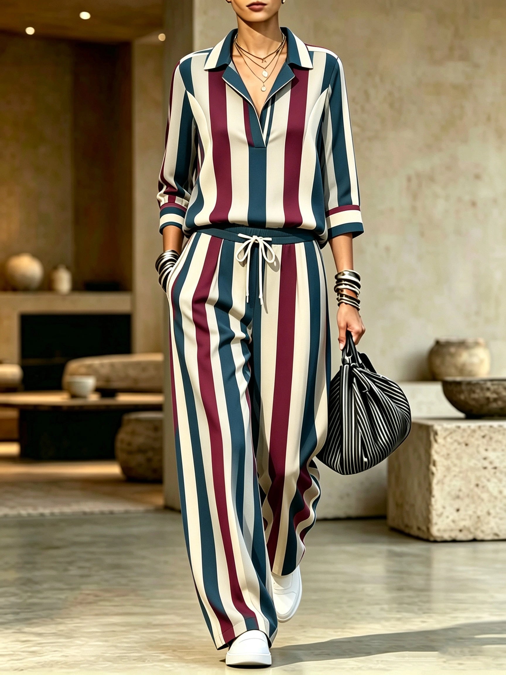 Lapel Collar Wide-Leg Trouser Set | Printed Two-Piece Co-Ord