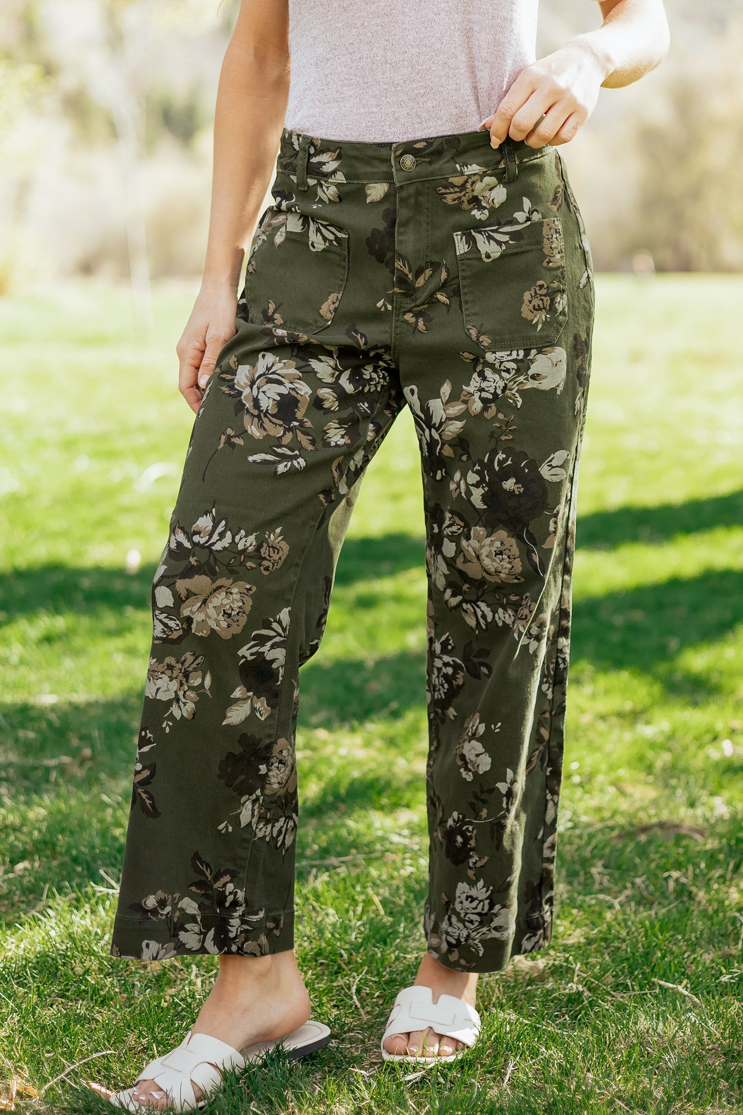 Floral Denim Patch Pocket Straight Leg Jeans