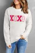 White XOXO Glitter Print Casual Knit Sweater
