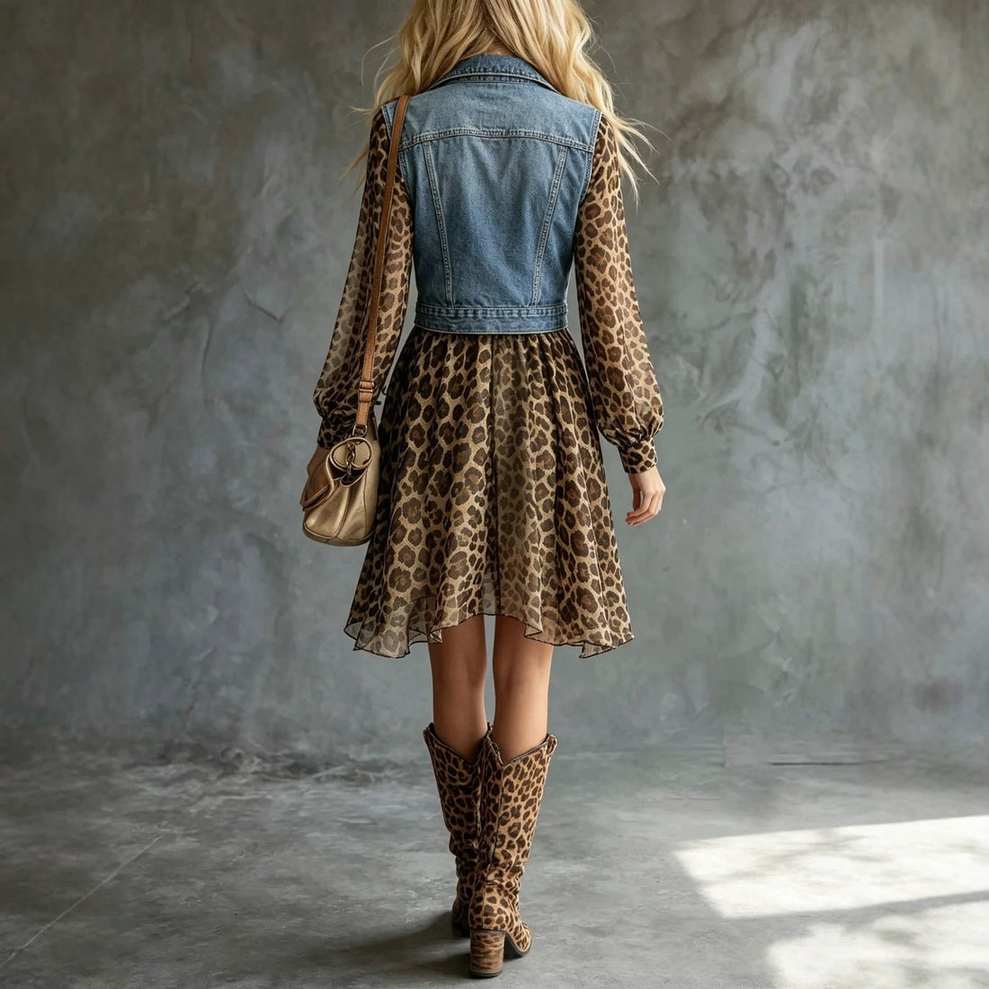 Bohemian Denim-Look Chiffon Patchwork Maxi Dress Long Sleeve