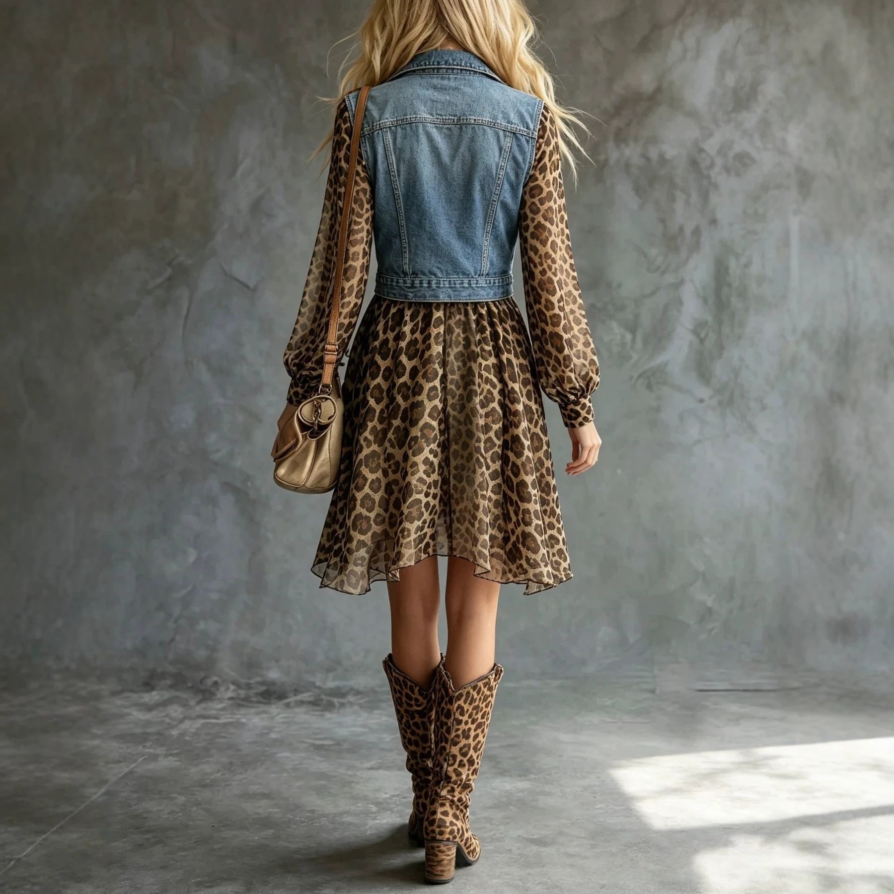 Bohemian Denim-Look Chiffon Patchwork Maxi Dress Long Sleeve