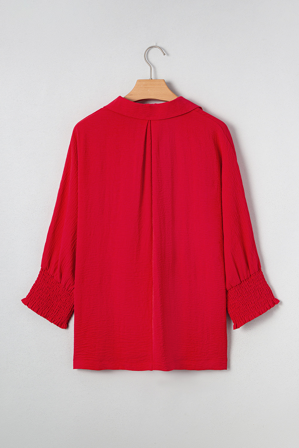 Women's Red Collared V-Neck Smocked 3/4 Sleeve Tunic Blouse - Image 7