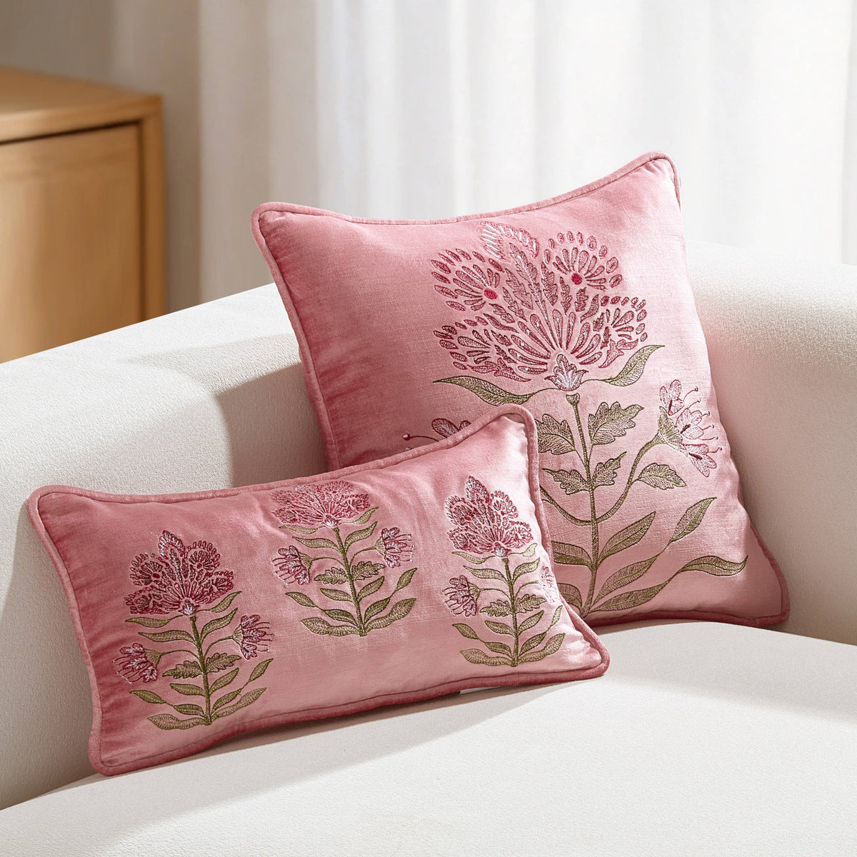 Pink Floral Embroidered Velvet Pillow
