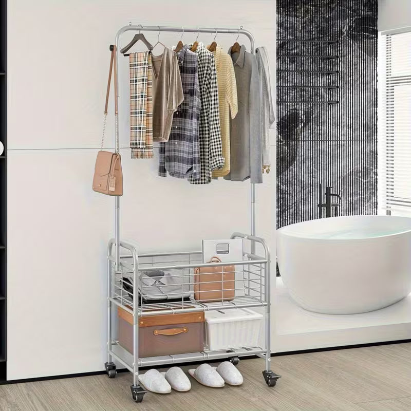 Rolling Laundry Sorter Cart with Hanging Rack and Shelf
