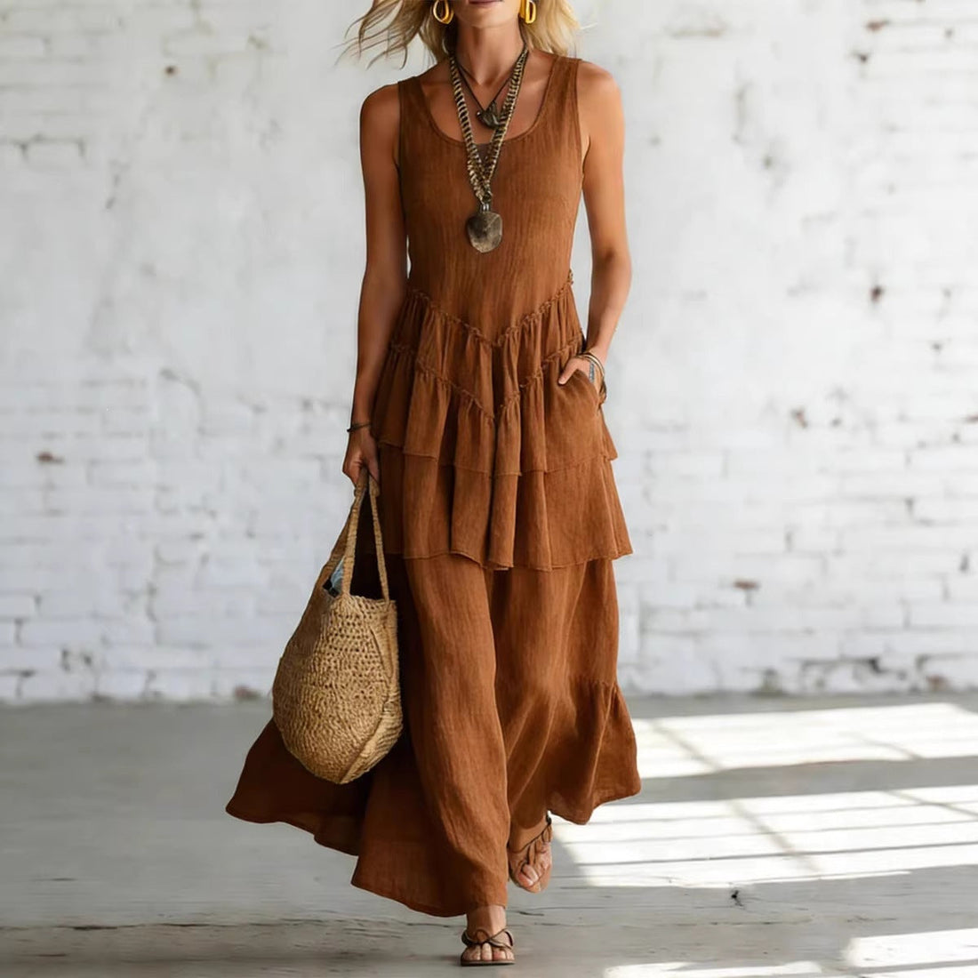 Women's Cotton Linen Sleeveless Loose Maxi Dress