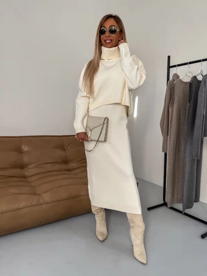Two-Piece Knit Sweater Dress Set with Turtleneck and Sleeveless Dress
