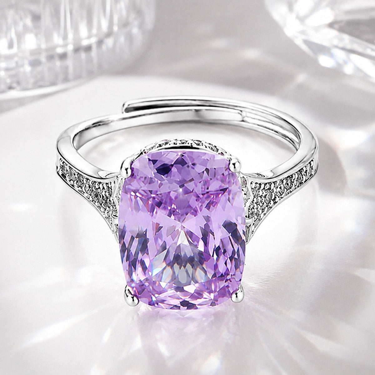 High End Nest Cut Kunzite Ring For Women, Micro Pave Full Diamond Setting Queen Style Statement Finger Ring
