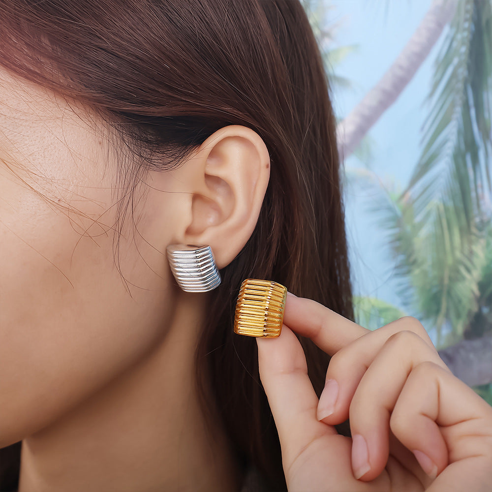 Korean Style Minimalist Striped Square Stud Earrings, 18K Gold Plated Stainless Steel, Elegant Daily Jewelry For Women