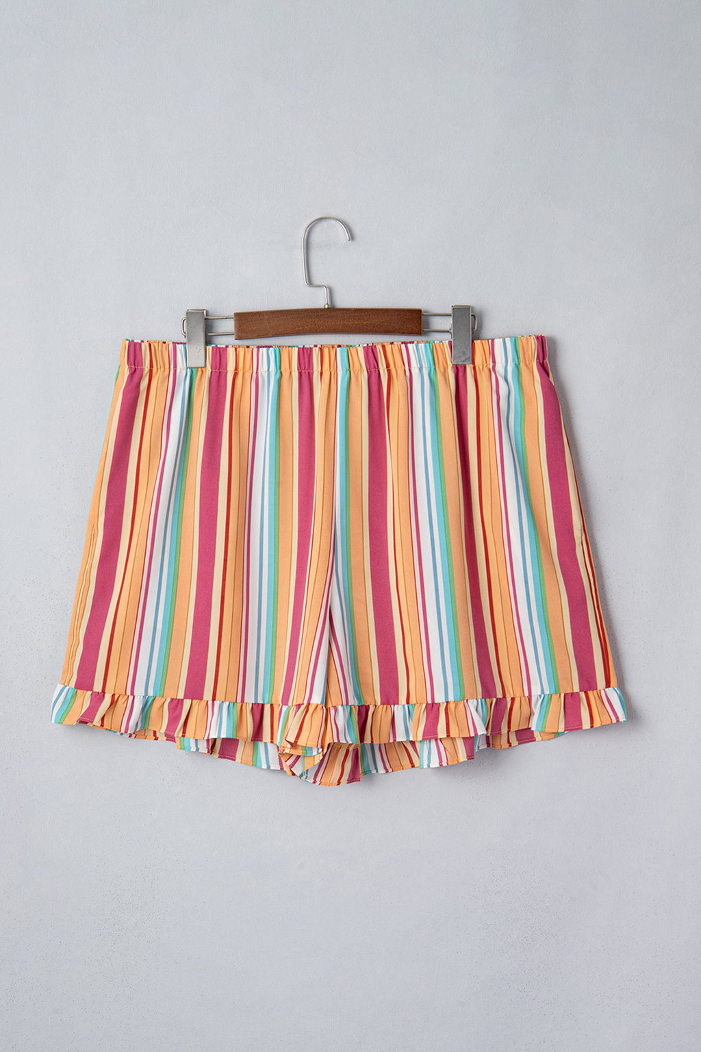 Stripe Elastic Waist Ruffle Hem Shorts in Pink Orange Yellow