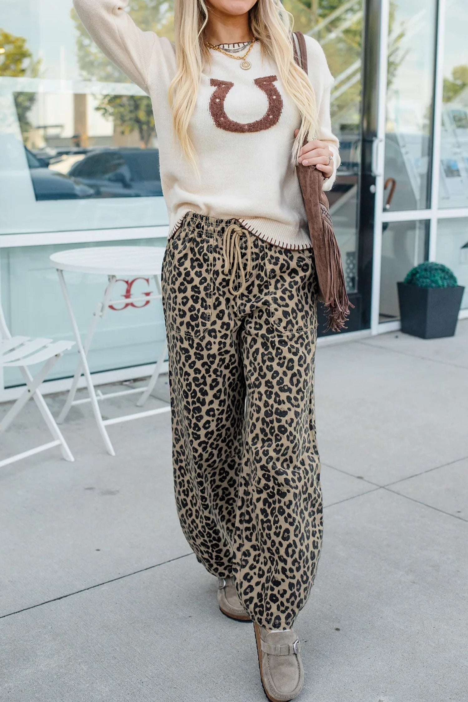 Khaki Leopard Print Drawstring Denim Pants with Pockets