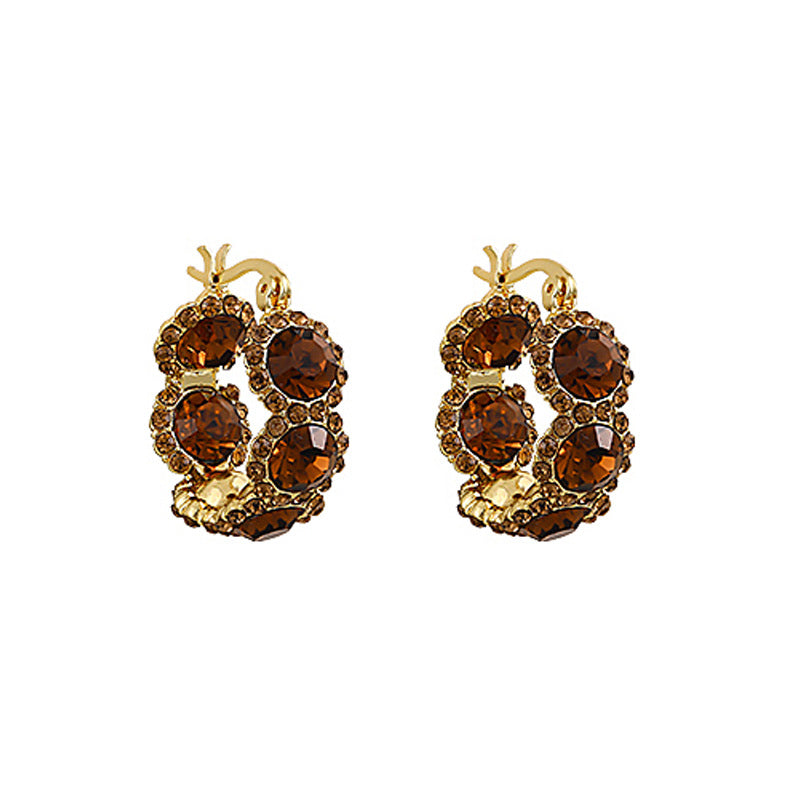 Coffee Crystal Hoop Ear Clips Elegant Light-luxury U-Shape