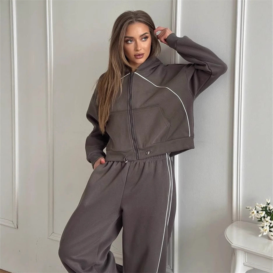 Women’s Solid Color Hooded Zip Up Jacket and Jogger Set - Image 2