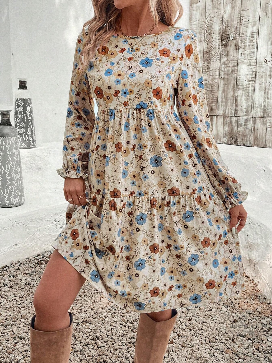 Tiered Floral Long Sleeve Dress - Boho Cottagecore Summer Midi