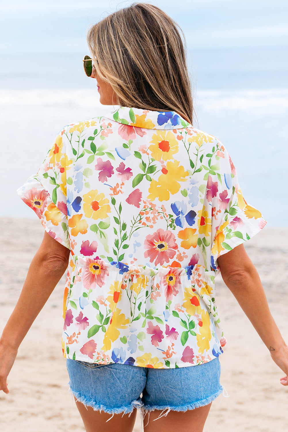 Yellow Floral Boxy V Neck Blouse with Ruffled Short Sleeves