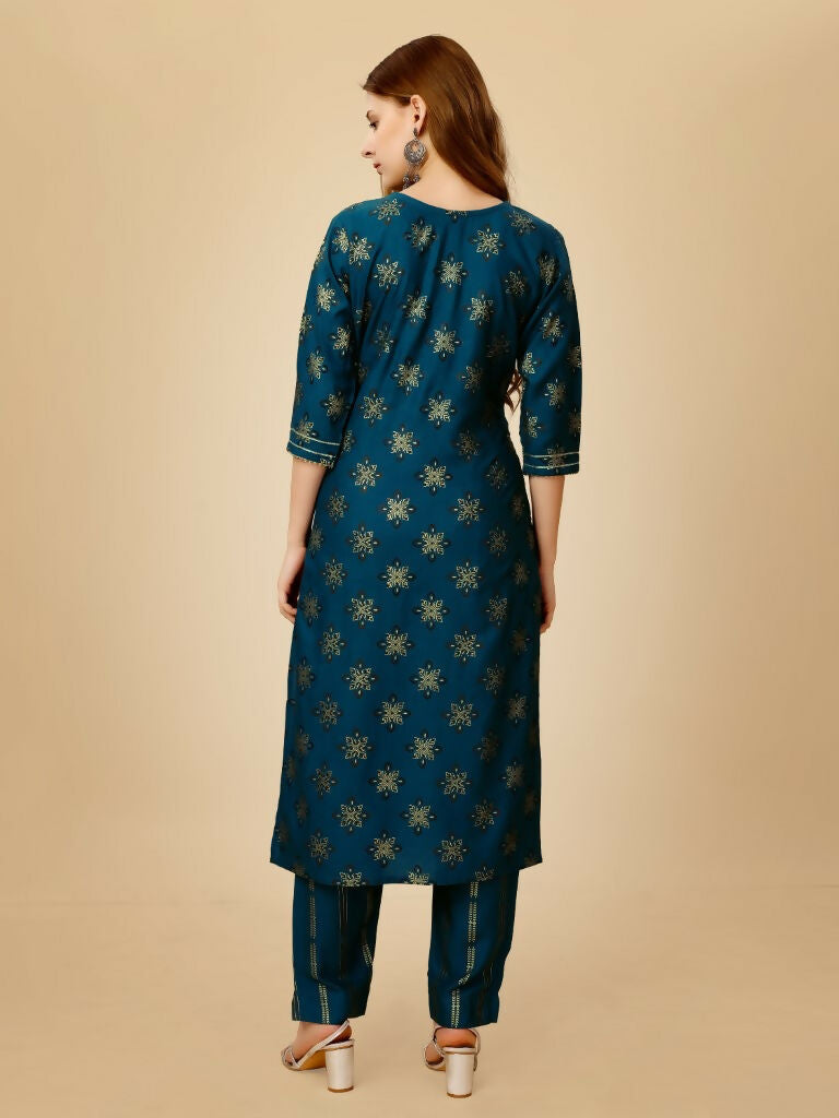Women's Navy Blue Embroidered Straight Kurta Pant Set