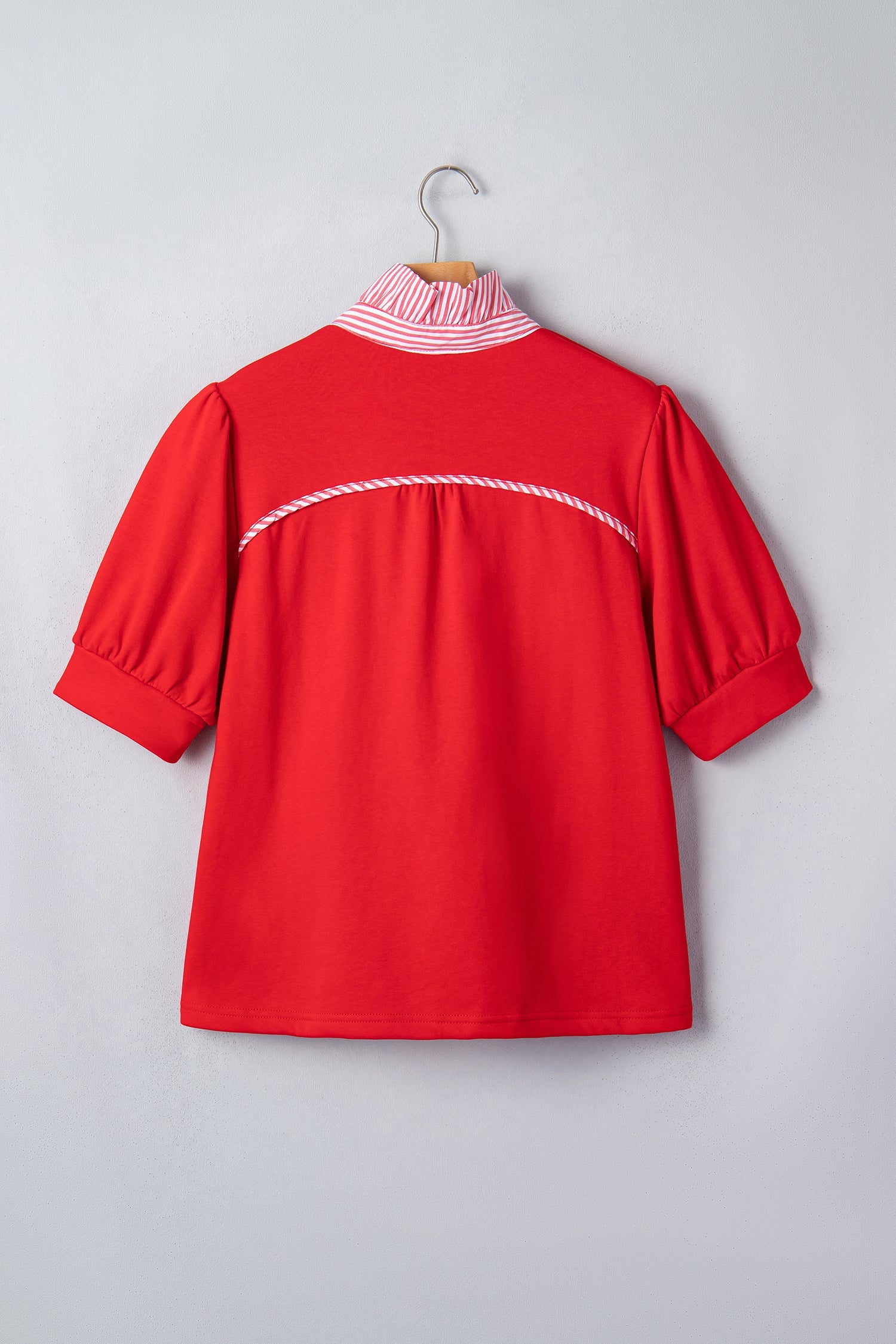 Stripe Frilled Collar Short Sleeve Blouse with Puff Sleeves