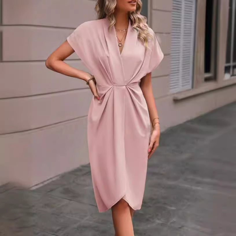 V-Neck Batwing Sleeve Pleated Midi Dress - Relaxed A-Line Fit