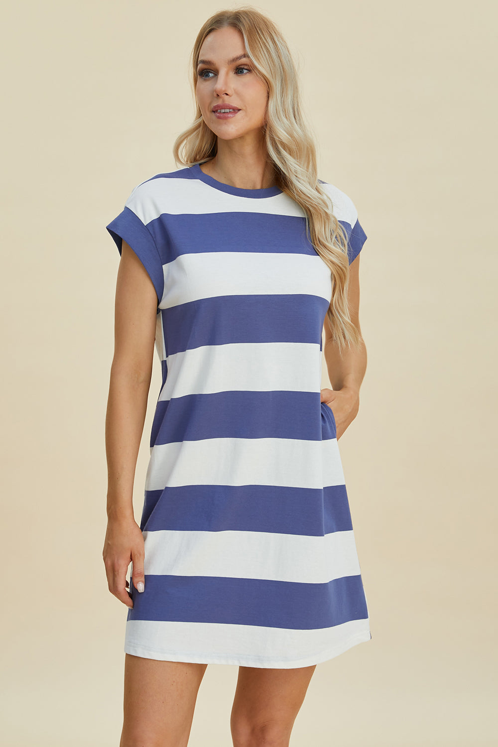 Striped Cotton Round Neck Cap Sleeve Mini Dress